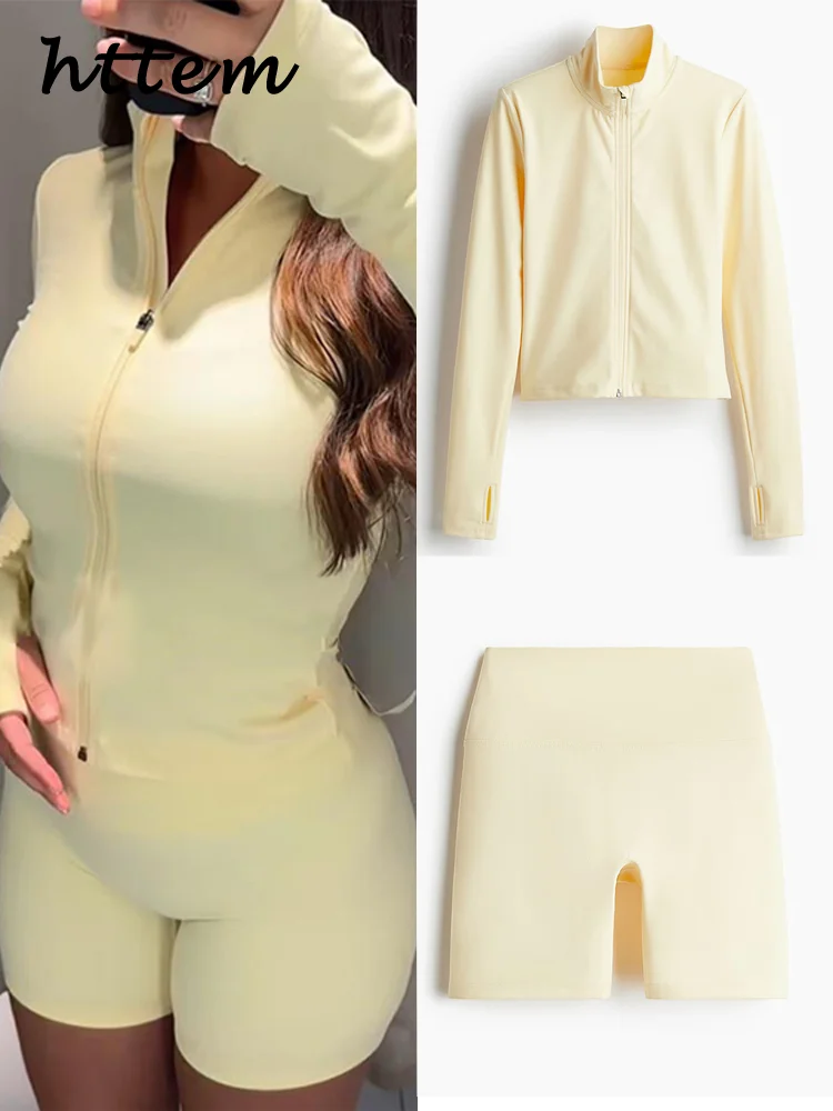 

Sexy Zipper Jacket Skirt Sets Women Slim Stand Collar Full Sleeve Top Seamless Hip Package Short Pants 2025 Summer Gym Yoga Suit