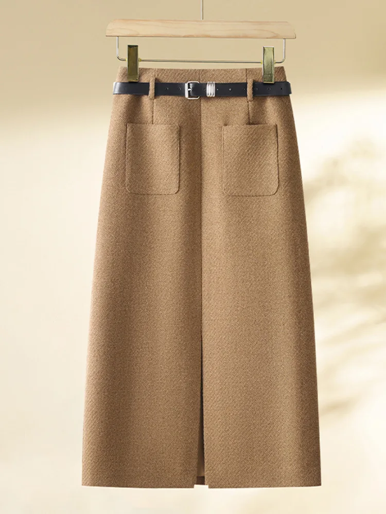 

Woolen Midi Skirt for Women, Spring and , Slit, Bodycon, Slimming, Mid-Length, and Winter, Pencil Skirt