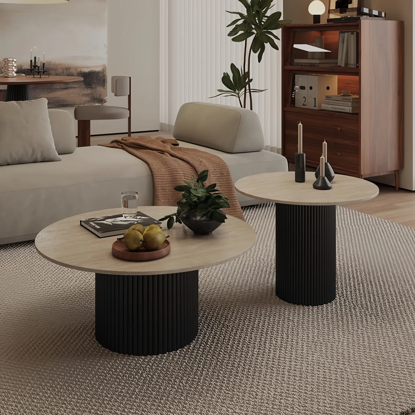 الترافرتين، بلاطة الصخور، طاولة القهوة، المجموعة، مستديرة، غرفة المعيشة، منزلية، شقة صغيرة بسيطة، حديثة #3