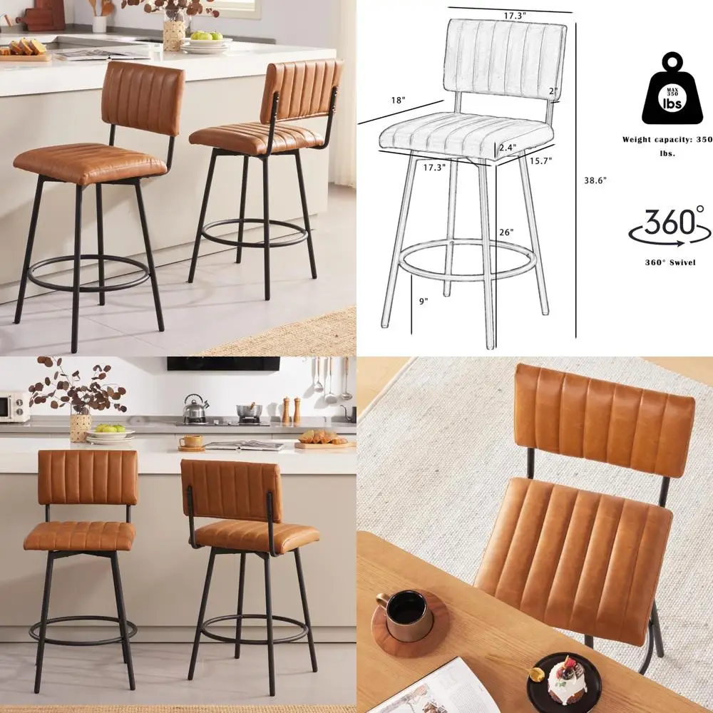 

Pair of 26 Upholstered Swivel Bar Stools with Metal Frames and Faux Leather in Cognac