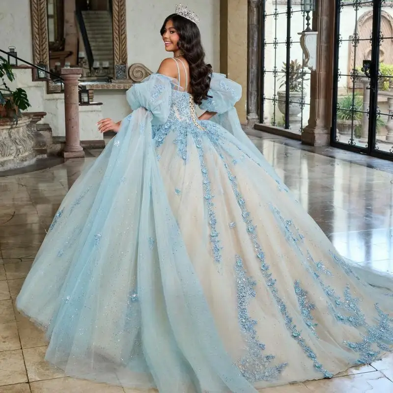 Glamorous Quinceanera Dress Appliques Spaghetti Straps Lantern Sleeves Tulle Vestidos De 15 Anos Made To Order