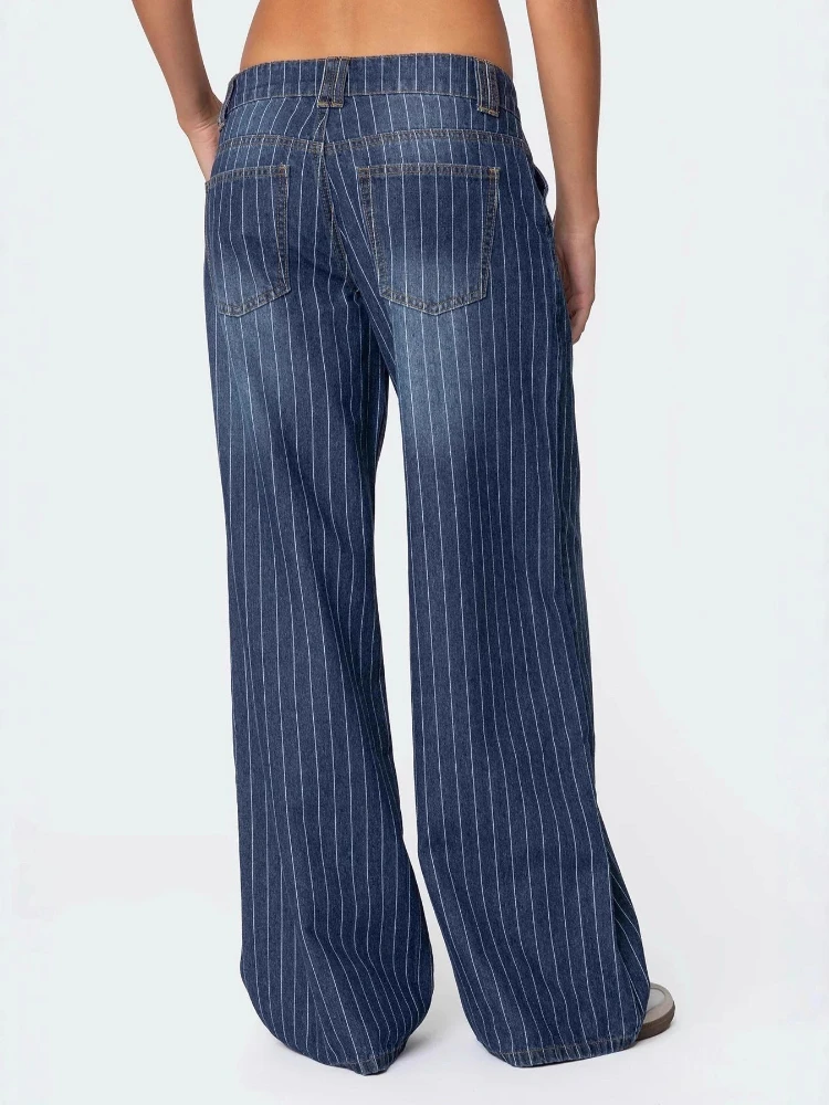 HOUZHOU Vintage Niebieskie Jeansy w Paski Damskie Y2k Hip Hop Sprane Proste Spodnie Denimowe Grunge Amerykańskie Retro Street Szerokie Nogawki