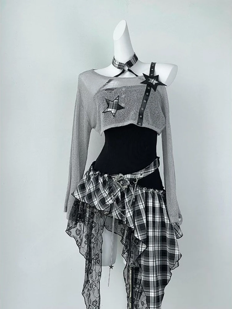 2000s Y2K Spicy Girl Design Irregular Sets Plaid Spliced Strapless Dress Set Women Thin Long Sleeve Sun Protection Cover-up Suit