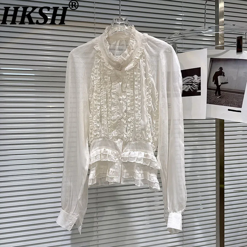 

HKSH Autumn New Women Shirt Ruffled Collar Single Breasted Long Sleeve Sheer French Sweet High Street Ins Chiffon Blouse HK12137