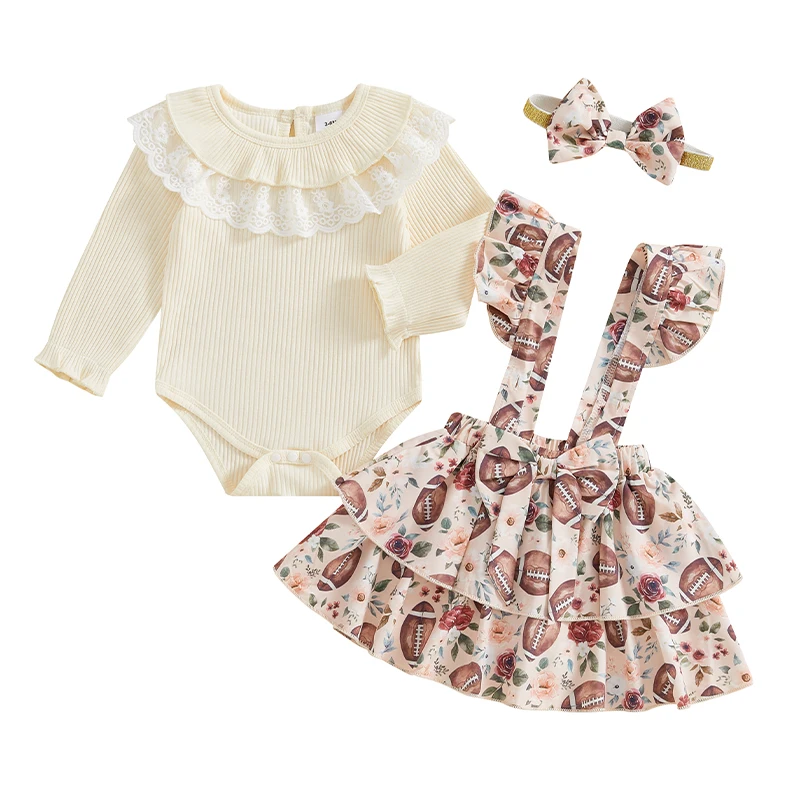 Baby Girl Fall Outfits Lace Ruffles Romper Rugby Print Suspender Skirts Headband 3Pcs Clothes Set