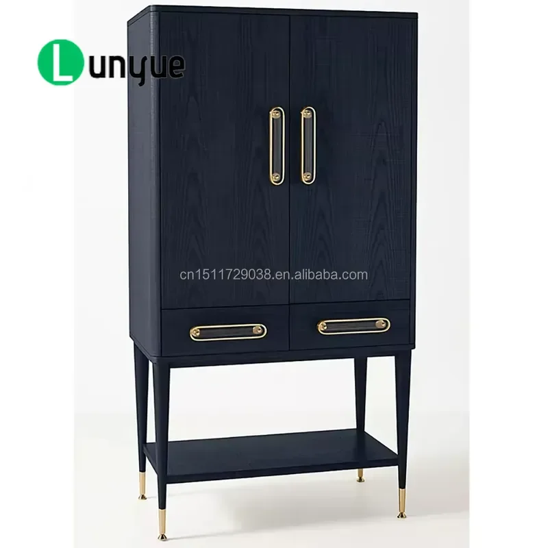 Modern High Bar Cabinet with Gold Trim 2 Door Wine Storage Sideboard with Drawers and Open Shelving for Living Room Dining