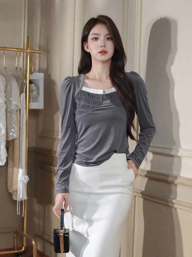 

Retro Color Blo Square Collar Long Sve Velvet Women's T-irt Slim Fit Base irt Commute Sle Korean Version Folded