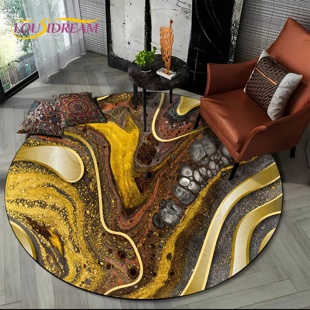 HD لون الذهب الشمال الرخام رائعة منطقة الجولة البساط ، السجاد لغرفة المعيشة غرفة نوم أريكة غرفة اللعب ديكور ، الاطفال عدم الانزلاق الكلمة حصيرة