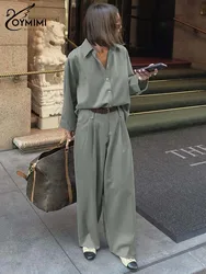 Oymimi Elegant Grey Womens 2 Piece Outfit Set Fashion Lapel Long Sleeve Button Shirts And High Waist Simple Trousers Female Sets