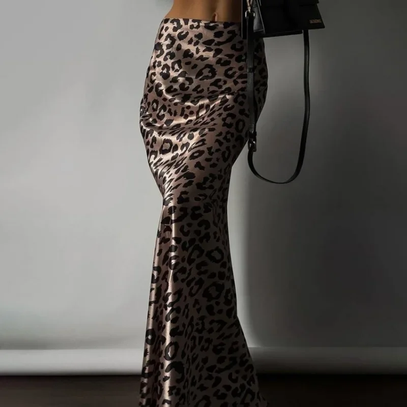 Fashion Leopard Print Satin Skirt Women's Sexy Retro Print Maxi Skirt Casual Streetwear Party Slim Leopard Print Skirt