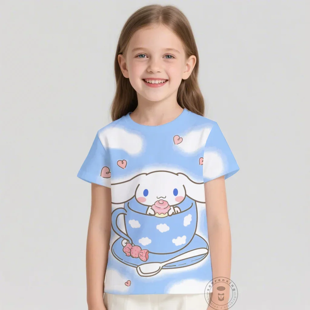 الصيف Kawaii سينامورول تي شيرت 3-14 سنة الأطفال ثلاثية الأبعاد الكرتون أنيمي نمط الأطفال الفتيات الفتيان موضة قصيرة الأكمام