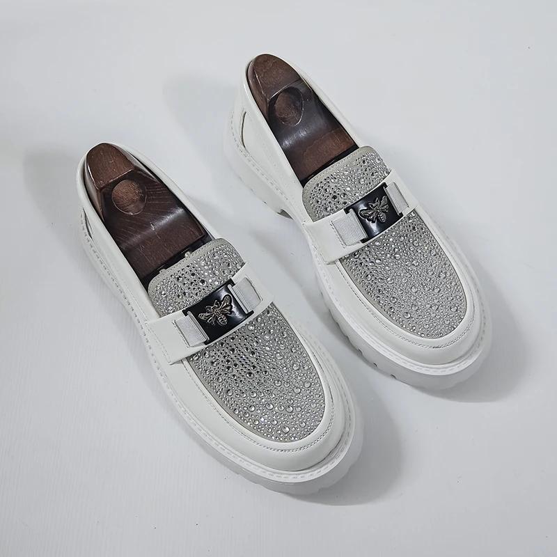 Luxury Diamond Bee Decor Thick Sole Men's Casual Leather Platform Shoes British Style Penny Men Loafers Moccasins Wedding Groom