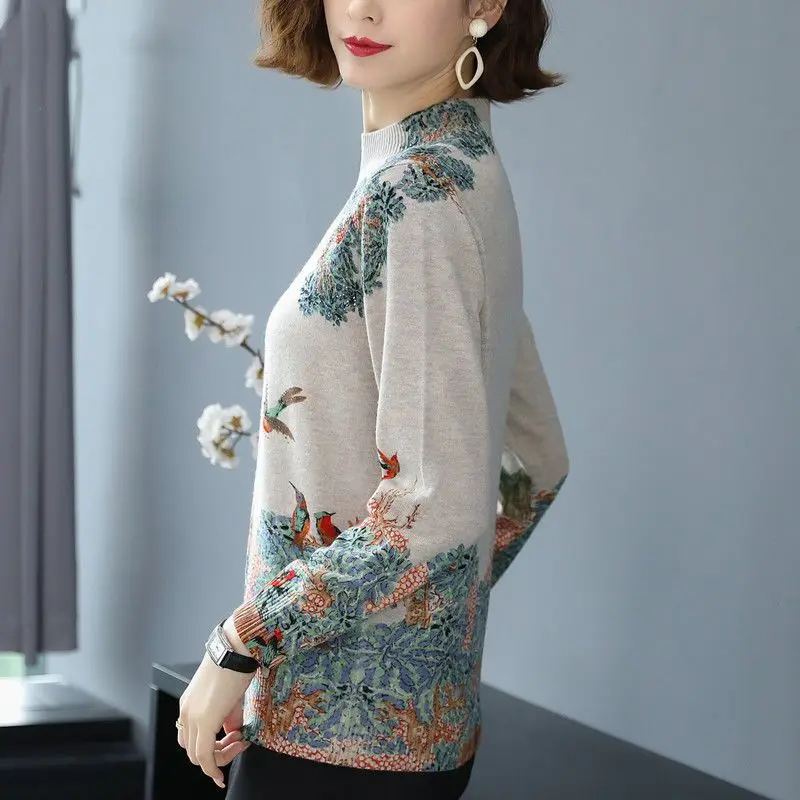 Women Vintage Chinese Style Print Half High Collar Elegant Knitted Sweater Autumn Winter Fashion Long Sleeve Loose Pullover Tops