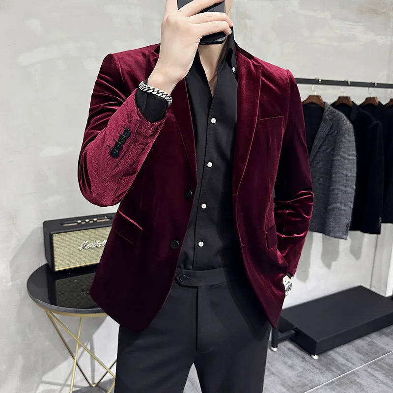 High Quality Velvet Wedding Suit Jacket Men Slim Fit Casual Business Blazer Masculino Social Banquet Stage Singer Dress Coat