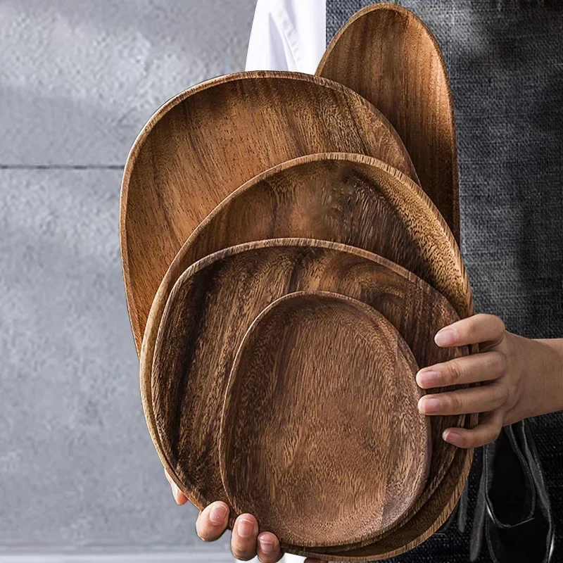 

Natural Wood Serving Tray Irregular Circular Solid Wood Plate Fruit Plate Sushi Tea Plate Dessert Meal Tableware Set