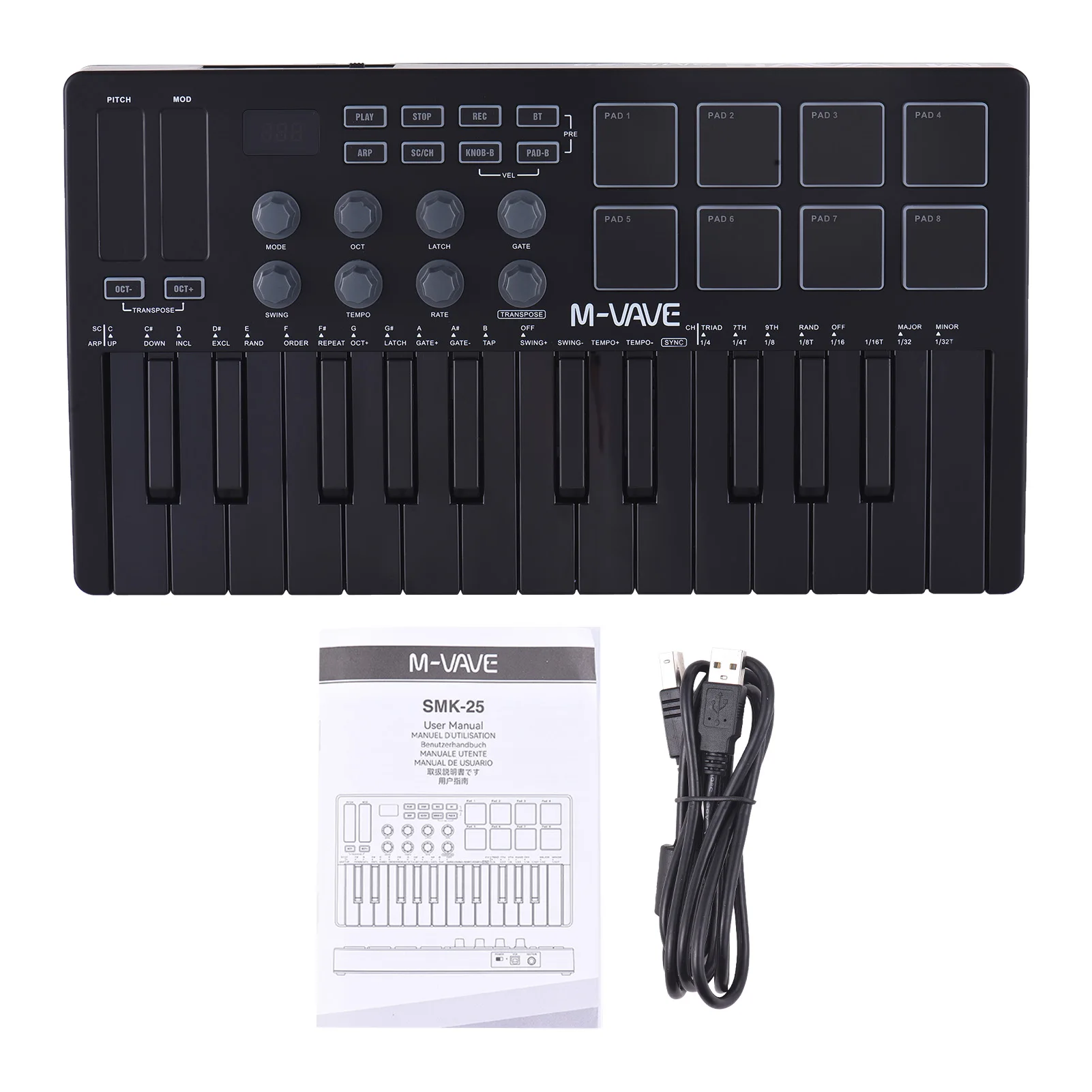 MIDI Keyboard Controller Beat Maker Machine Rechargeable 25 Keys MIDI Keyboard Portable Arranging Strike Pad RGB Backlight