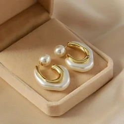 FTCY Gold Color Pearl Irregular Earrings For Women Retro Elegant C Shape Imitation Pearl Earring Geometric Women's Jewelry