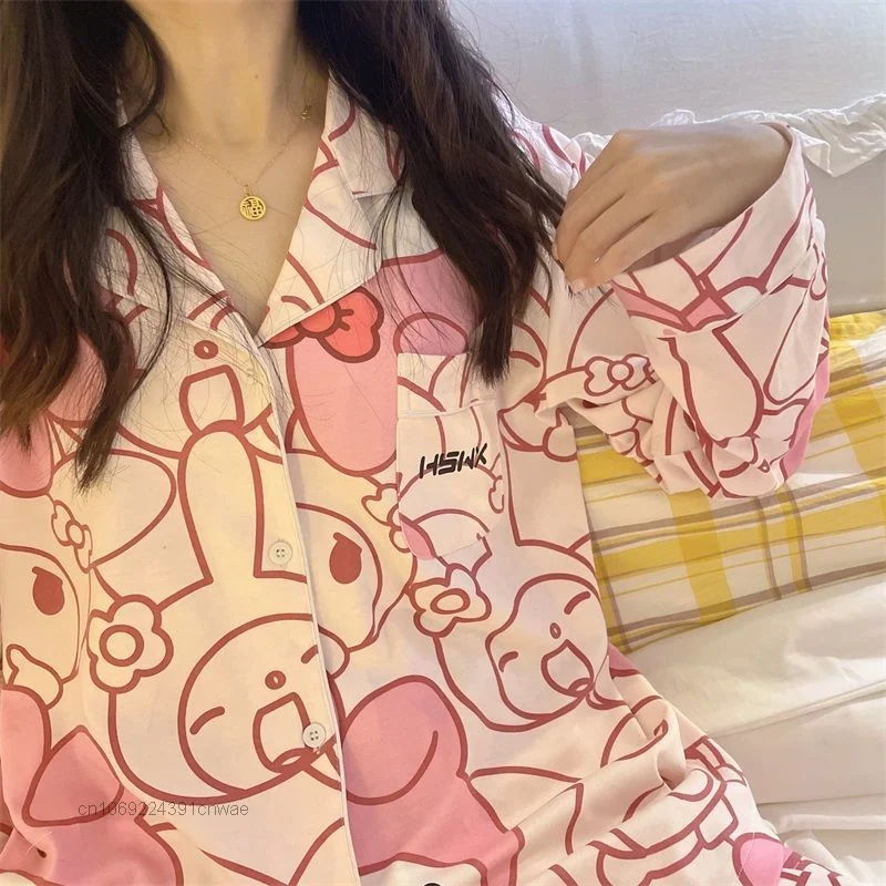 Sanrio Kuromi benim melodi pijama Y2k bahar sonbahar Kawaii Cinnamoroll Pom Pom Purin karikatür uzun kollu ev giysileri takım kadınlar