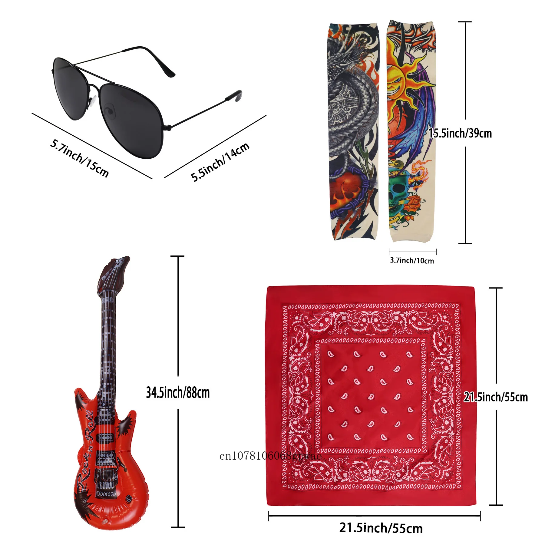 Halloween 80s Rocker Costume Set Synthetic Rock Wig with Bandana Headband Tattoo Sleeve Glasses Inflatable Guitar Cosplay Party
