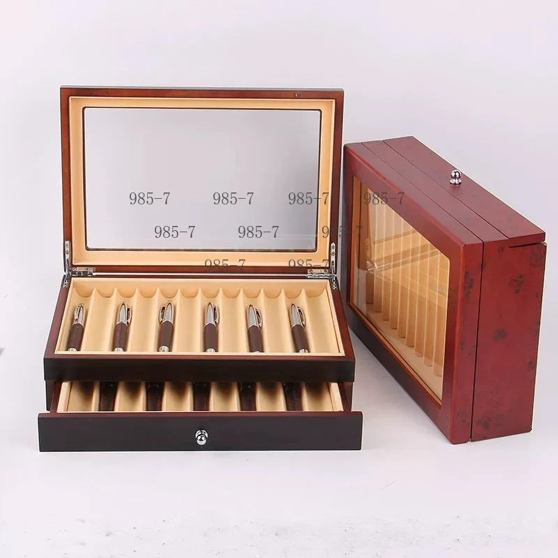 78 Pens Capacity Organizer Box, Wooden Pen Display Case with Transparent Window, Black & Burgundy