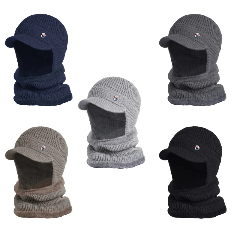 

Mens Winter Beanie Hat Circle Scarf Set Warm Knit Visor Brim Earflap Skull Dropship