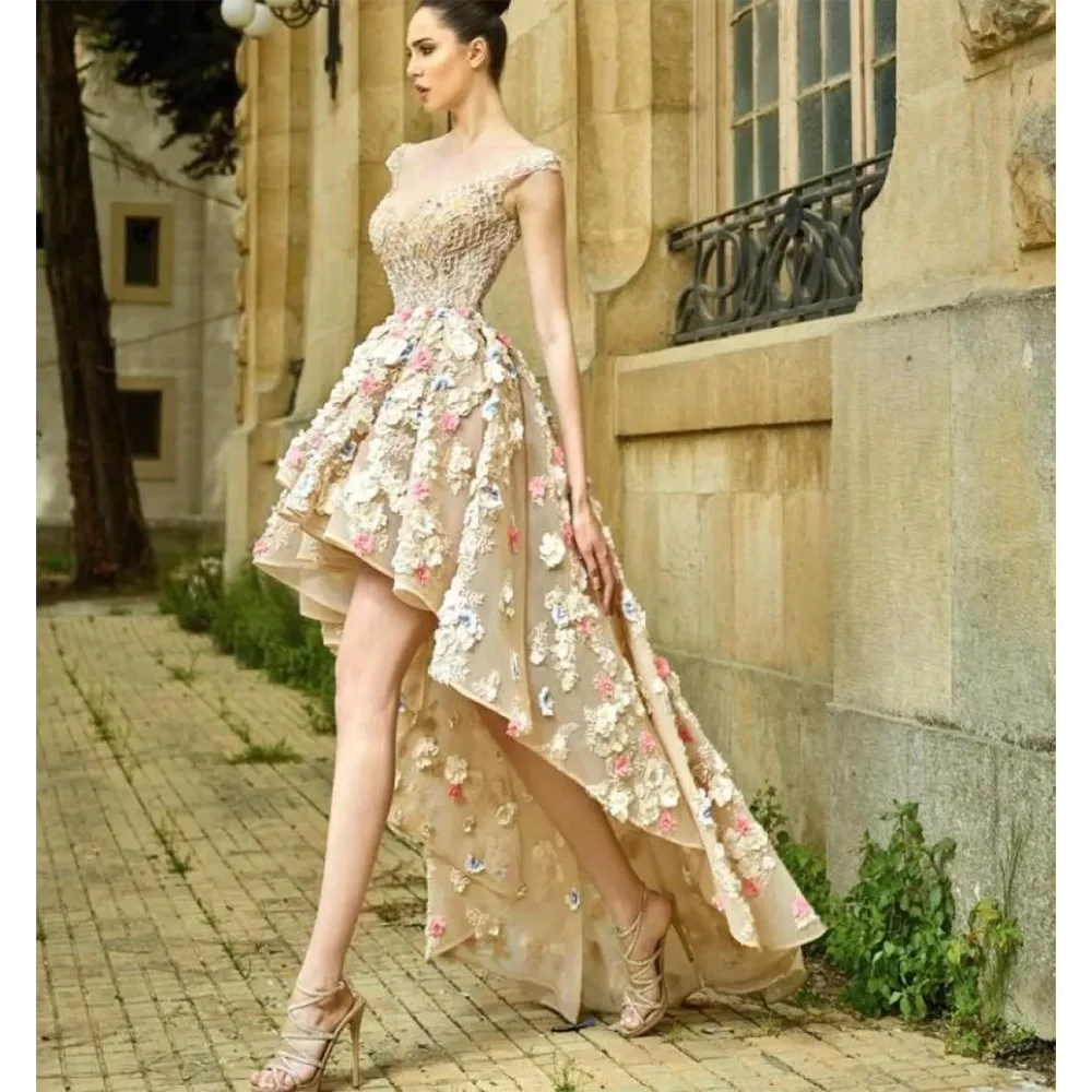 

3D Floral Prom Dresses Sexy Open Deep VNeck Beads Appliques Evening Dress Fashion High Low Backless Party Dress