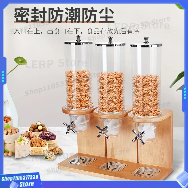 Wooden Cereal Dispenser 3 Head Transparent Grain Container for Kitchen Snack Storage Hotel Buffet Dry Food Organizer Box