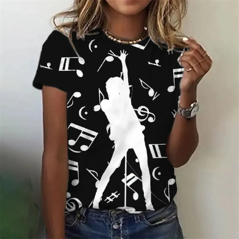 Neue Mode Musik T-Shirt Damen Sommer Rundhals ausschnitt lässig Note drucken lustige T-Shirts Streetwear elegante weiße schwarze Damen bekleidung