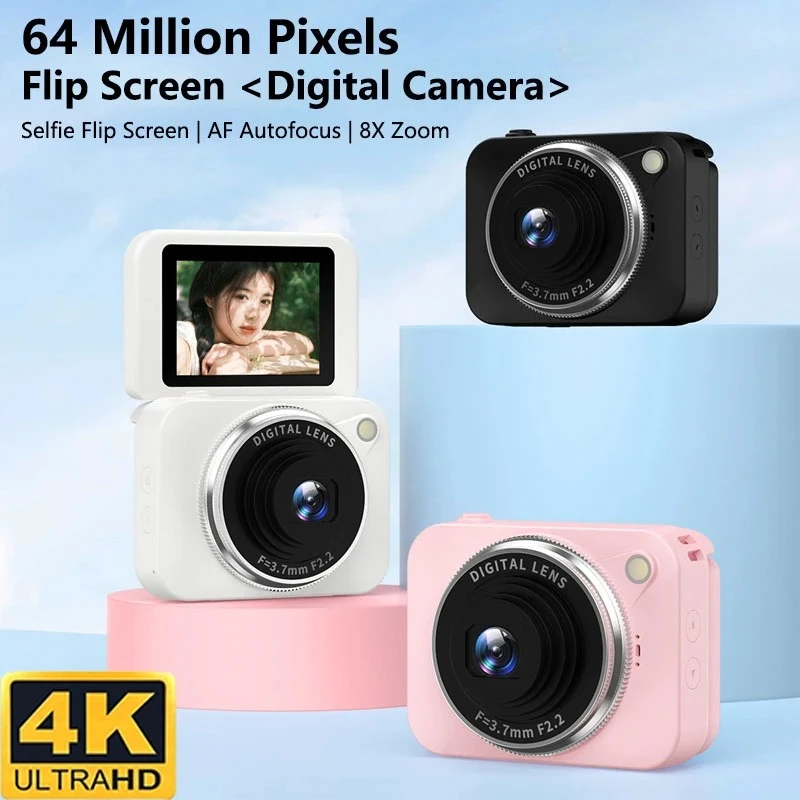 

Новая цифровая камера 2026 года с 4K-дизайном Flip-Design, 6400W Pixel CCD, компактная портативная селфи-камера с HD-фотографиями для начинающих, отличный подарок