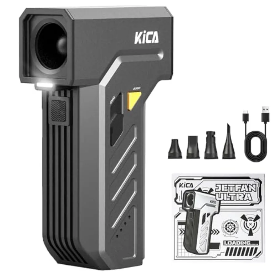 

Jet Fan Ultra Cordless Air Duster - 171W Turbo Motor 130 000 RPM 48m/s Hurricane Wind 4 Magnetic Nozzles Dual LED Lights 5H Run