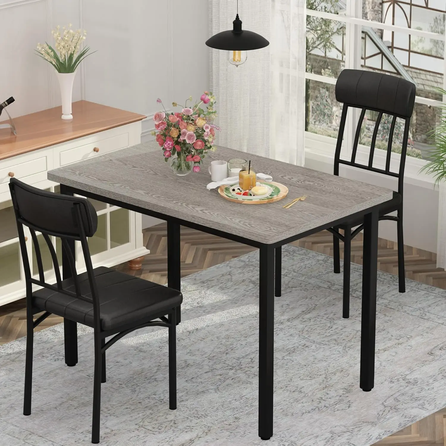 3 Piece Dining Table Set, Small Industrial Kitchen Table and 2 Chairs, Kitchen Breakfast Dining Table Set,