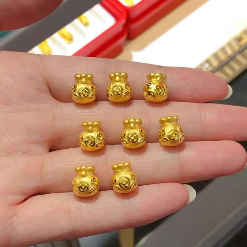 

New 24K Yellow Gold Beads 3D Gold 999 Fu Coin Bag Loose Beads 1pcs