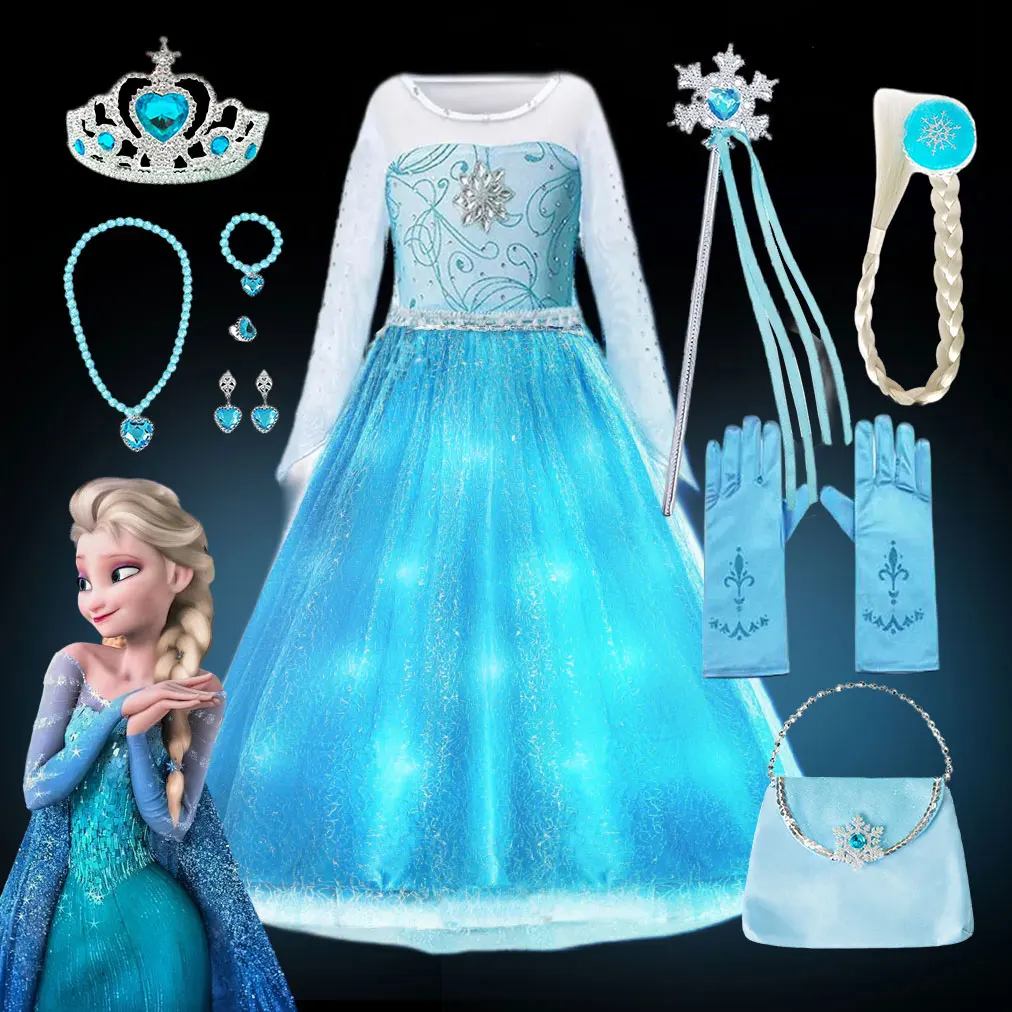 

Disney Frozen Movie Costume Light up Princess Dress Girl 2024 Festival Birthday Elsa Party Ball Gown with LED Snow Queen Apparel