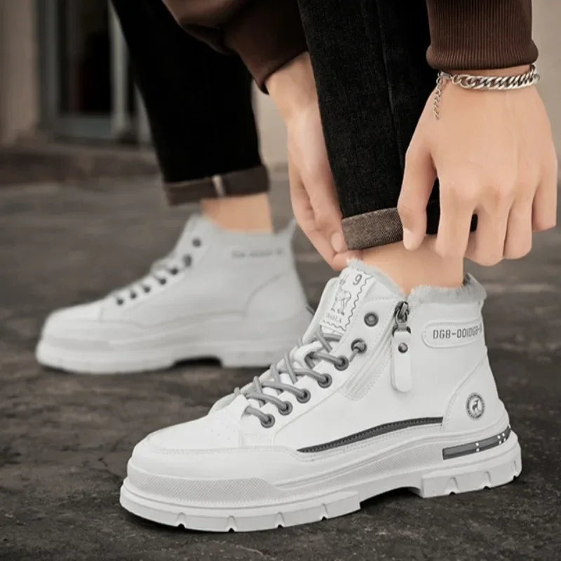 Winter Mens Warm Ankle Boots Fashion Versatile White Leather Shoes Outdoor Non-slip Sneakers for Man Motocycle Snows Boots Botas