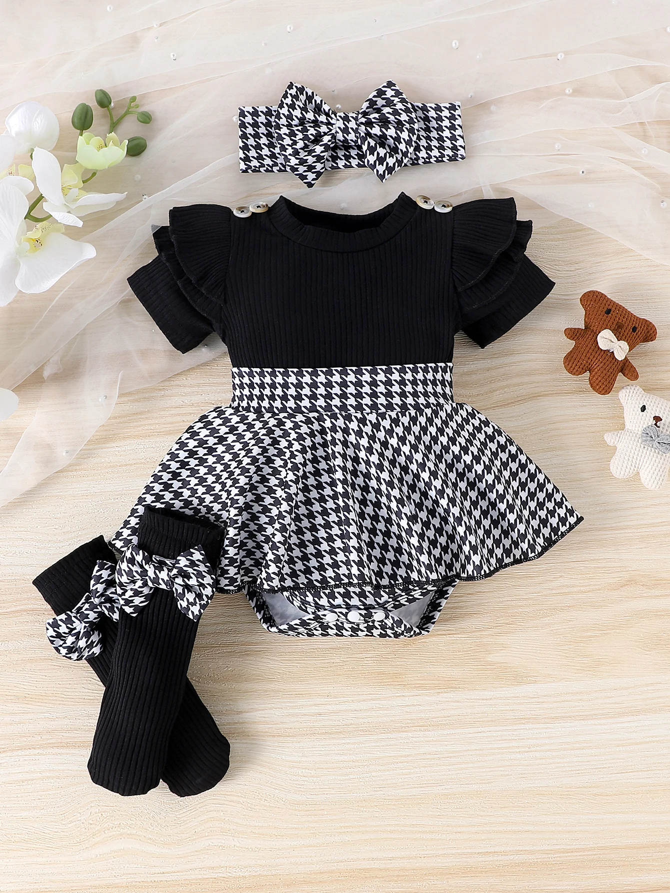 3PCS Summer New Style Girls 0-1 Years Old Sweet and Lovely Short-Sleeved Houndstooth Dress
