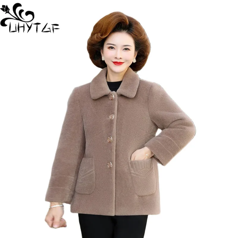 

UHYTGF Casual Mother Autumn Winter Woolen Jacket Women's Quality Imitation Mink Velvet Warm Coat Female Short Tops Outerwear 161