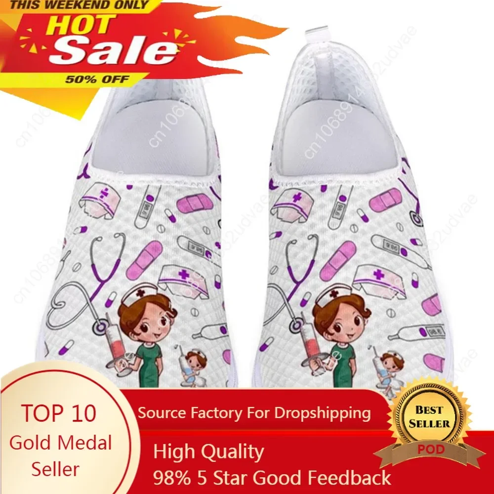 Cute Cartoon Nursing Doctor Surgery Printed Woman Flats Sneakers Mesh Nurse Shoes Women Light Weight Ladies Footwear