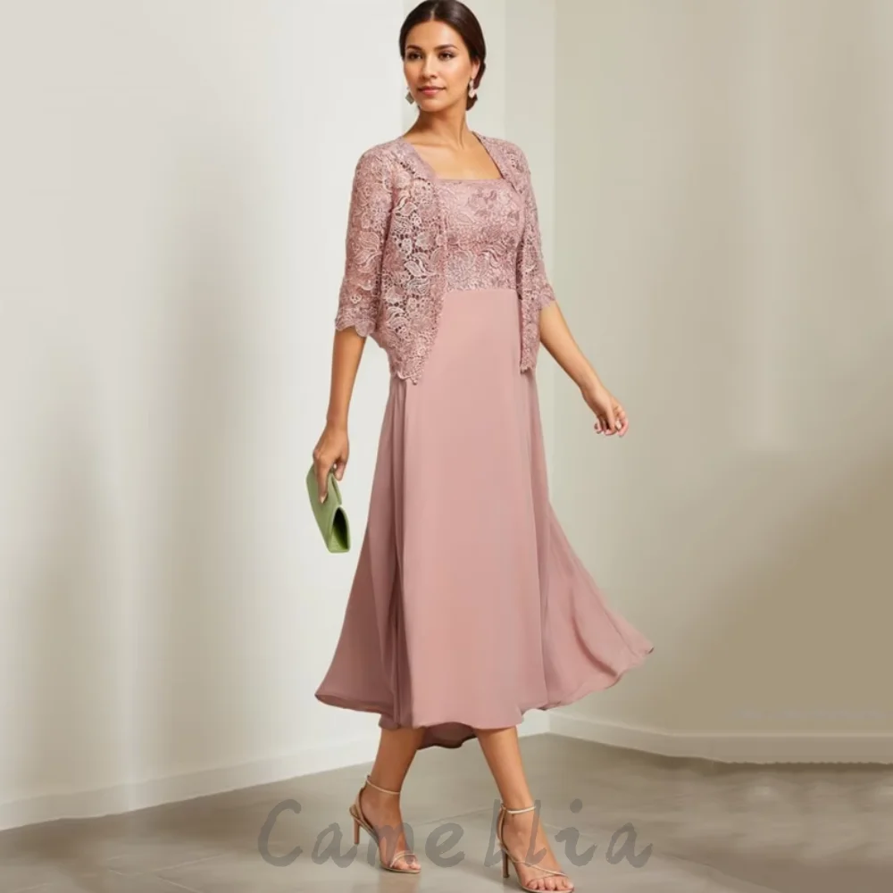

Customized Mother of the Bride Dress with Jacket A Line Lace Formal Gown For Women Mid-calf Length Wedding Guest Dresses