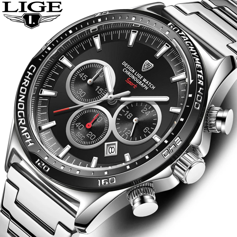 LIGE Fashion Silver Man Watch Businsess Stainless Steel Watches Mens Waterproof Luminous Date Quartz Wrist Watch for Men Clock