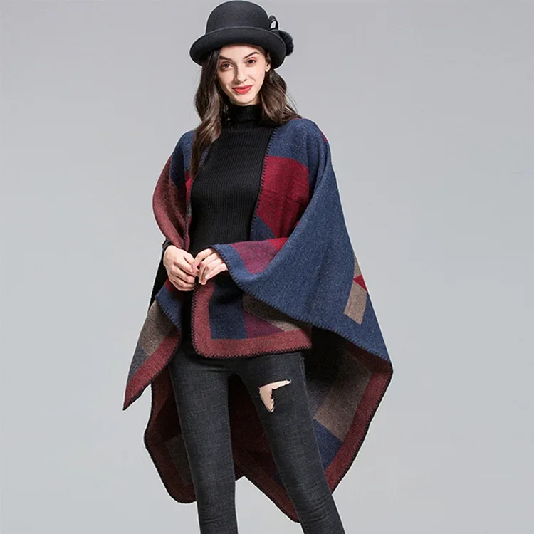 2024 neue Frühling und Herbst Frauen gestrickt Poncho lässig weibliche Patchwork Farbe elegante mittellange Cape modische Schal t215