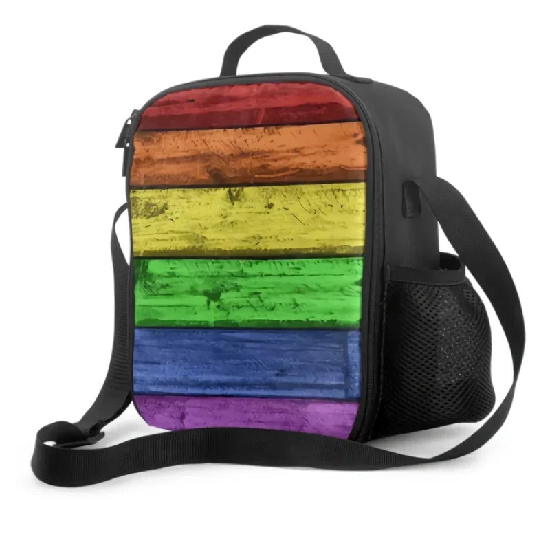 Grungy Old Wood Planks In Rainbow Colors Insulated Thermal Lunch Bag Washable Tote Lunch Container for School Travel Picnic Work