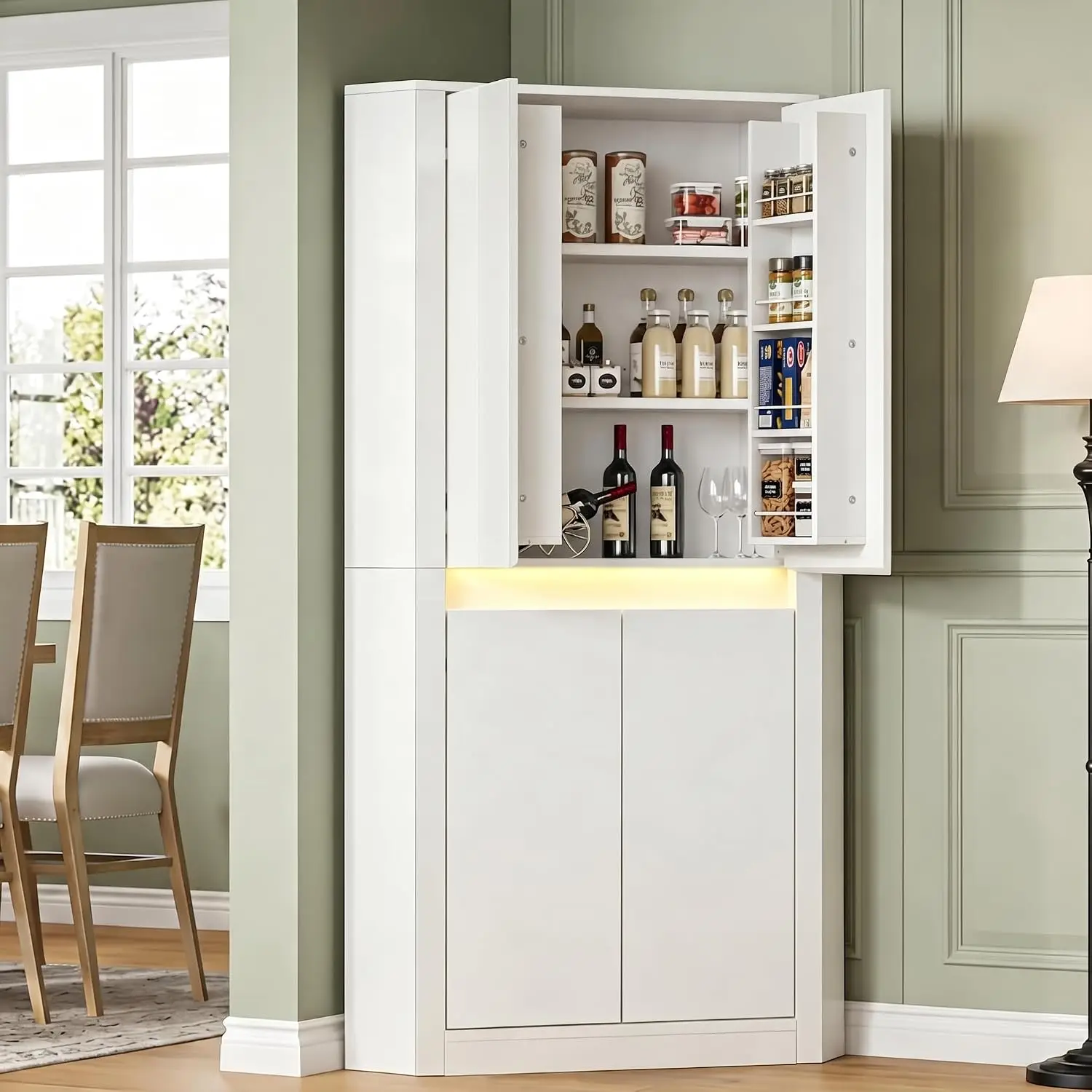 67'' Tall Pantry Cabinet with Led Light, Corner Pantry Cabinet with 4 High Gloss Doors and Adjustable Shelves,, Customized