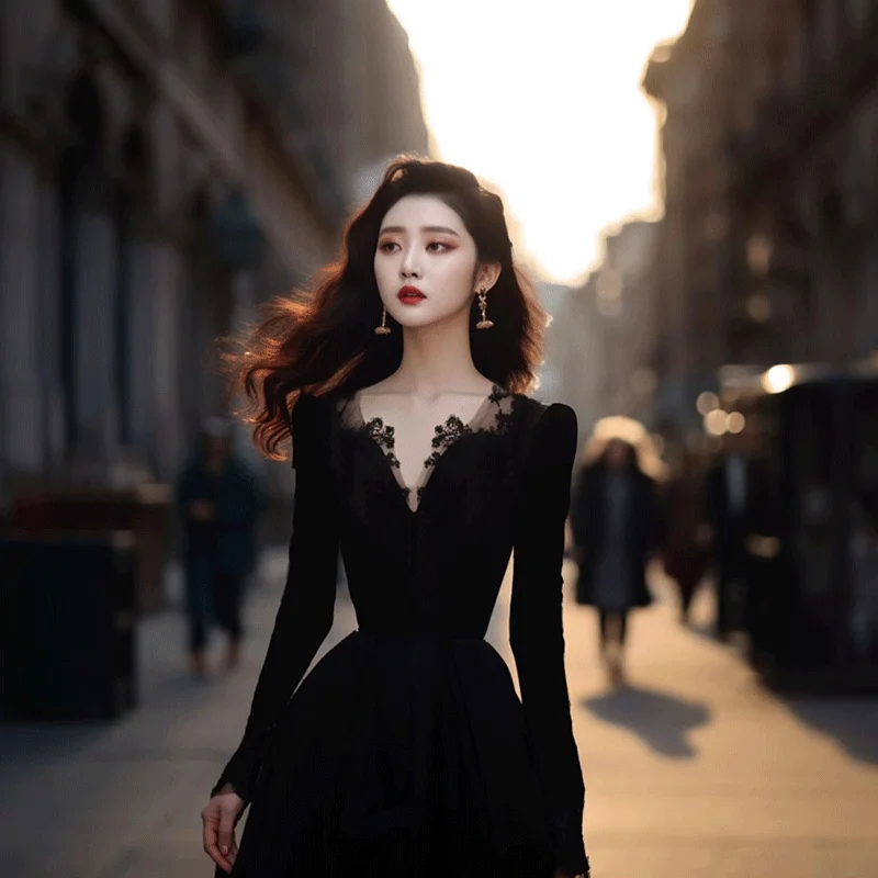 Black Dress Long-sleeve Dress Super Beautiful Temperament Waist Cinching Goddess Style French Hepburn Style Black Velvet Dress