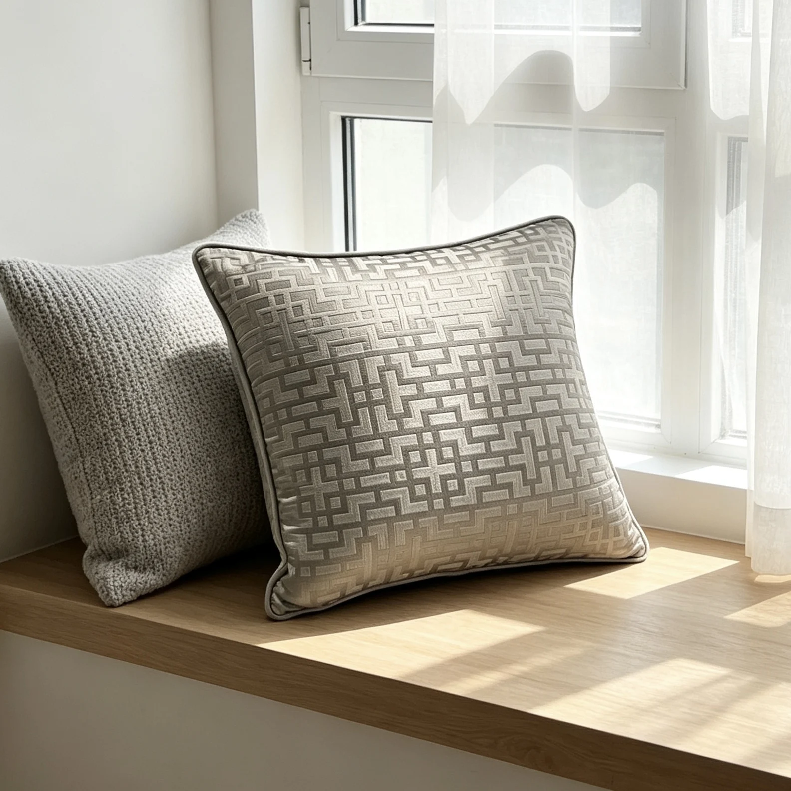 Contemporary Light Brown Geometric Pillow Case Maze Woven Jacquard Velvet Home Cushion Cover Decorative 45 x 45 cm 1 Pc Pack