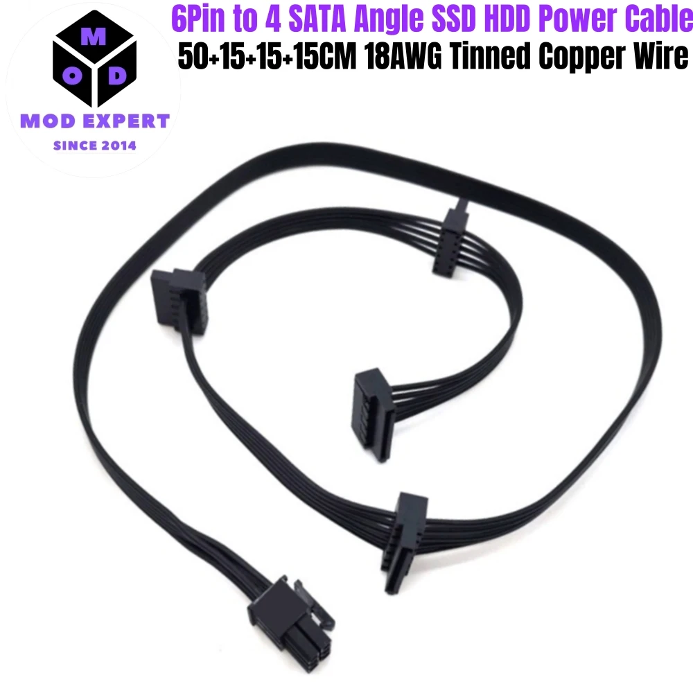 

6Pin to 4 SATA Angled, SSD HDD SATA Power Cable for Corsair HX1500i, HX1200i, HX1000i, HX850i, HX750i, HX650i HX-i Modular Power