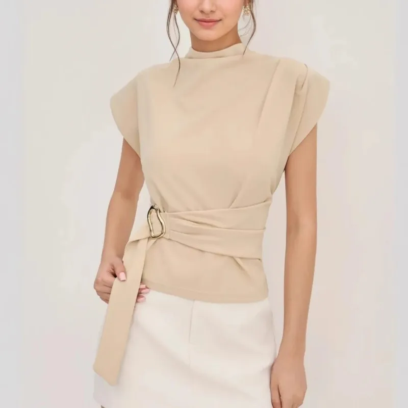 

Fashion Commuting Blouses 2026 Summer Stand Collar Short Sleeve Irregular Slim Waist T-Shirts Casual Top Office Ladies Female