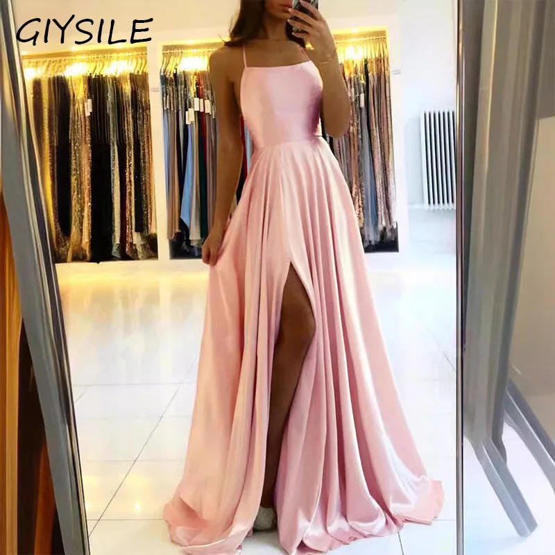 

Sexy Spaghetti Straps Leg Slit Satin Maxi Dresses Evening Prom Party Dress for Night Out Summer Beach Women Dress Formal Dress
