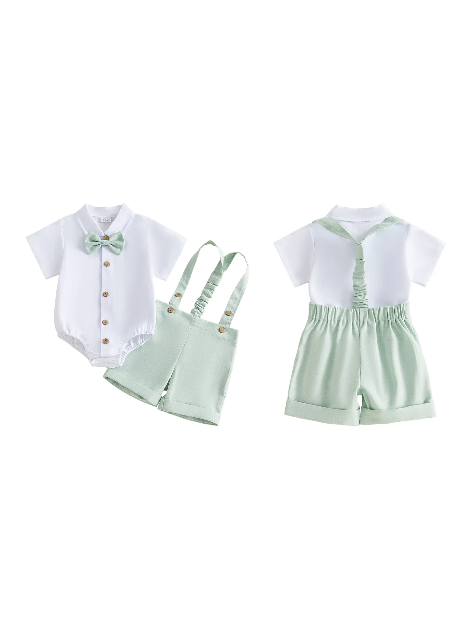 

Baby Boy Gentleman Outfit Short Sleeve Lapel Neck Bowtie Decor Shirt Romper and Solid Color Suspender Shorts Set - 2 Piece