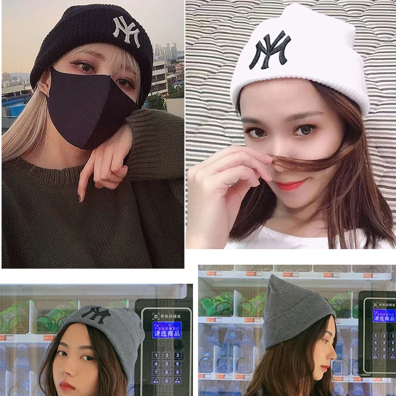 Fashion Korean Style Autumn and Winter Letter Embroidery Solid Color Warm Unisex Knitted Hats Men Women Outdoor Sport Ski Cap