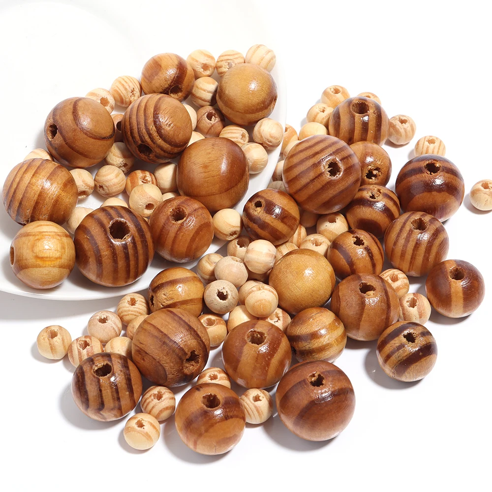 20-300 Stück/Los, 6-20 mm, natürliche Kiefernholzperlen, runde, gestreifte, lose Abstandshalterperlen für die Schmuckherstellung, DIY-Halsketten- und Armbandzubehör – Detail 5